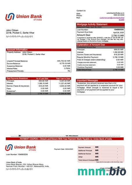 Indie Union Bank of India wyciąg z kredytu hipotecznego szablon Word i PDF